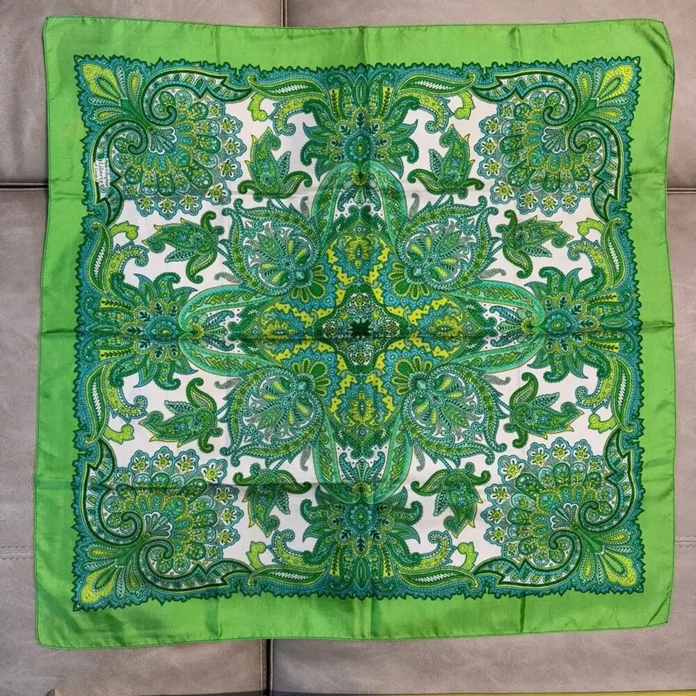 Vintage Green Paisley Square Scarf Boho Floral Hair Neck Head Wrap